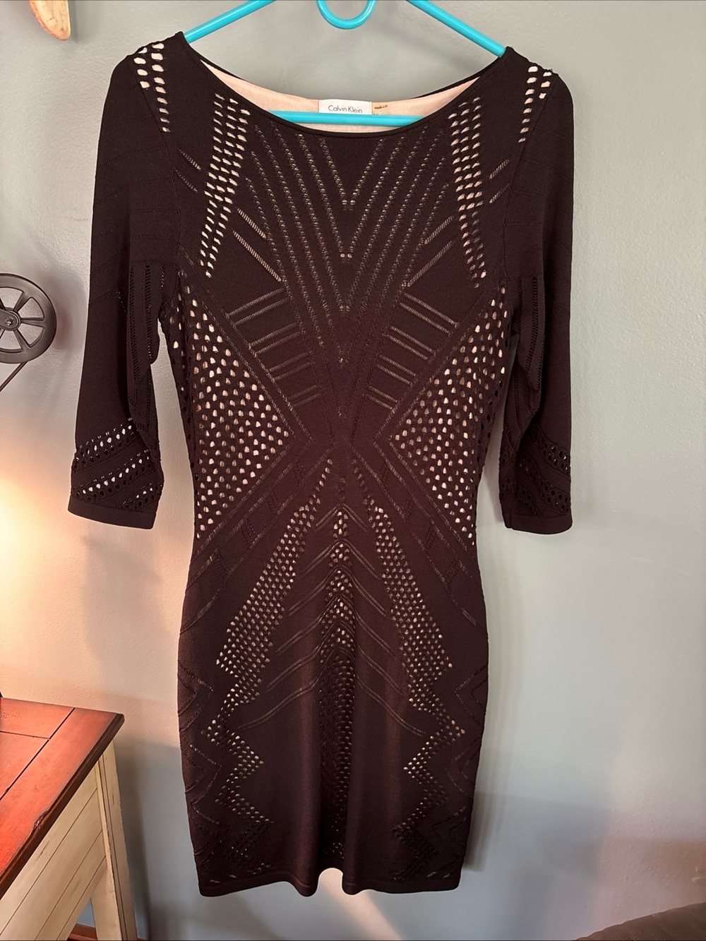 Calvin Klein Black Crochet-Pattern Lined Knee Length Dress